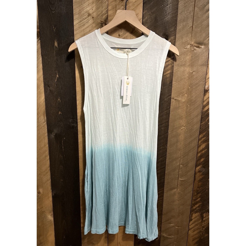 Ocean Drive Tank Dress Women Large White Blue Ombre Dip Dye Sleeveless NWT